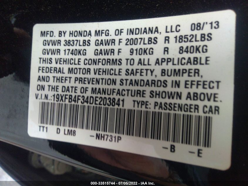 2013 HONDA CIVIC HYBRID 19XFB4F34DE203841