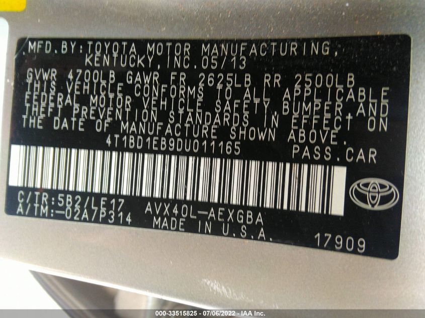 2013 TOYOTA AVALON HYBRID HYBRID/PREM/TOUR/LTD 4T1BD1EB9DU011165