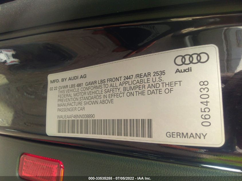 2022 AUDI A4 SEDAN S LINE PREMIUM PLUS WAUEAAF46NN008890