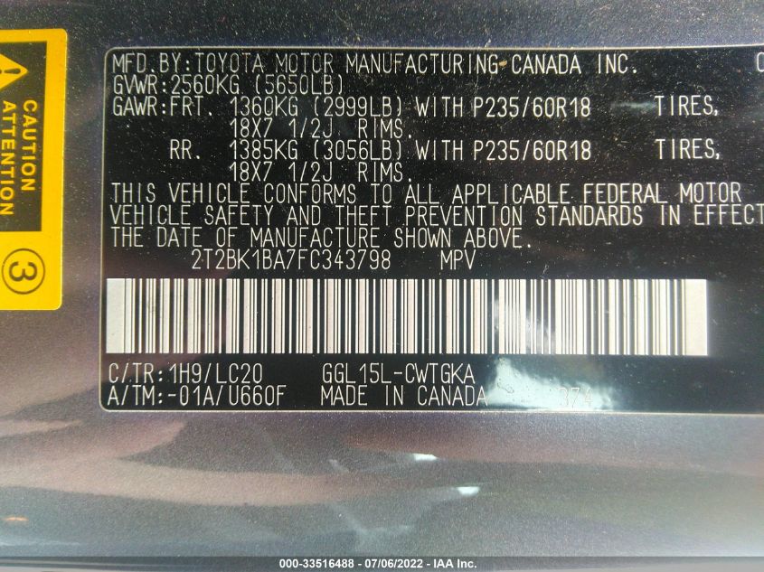 2015 LEXUS RX 350 2T2BK1BA7FC343798
