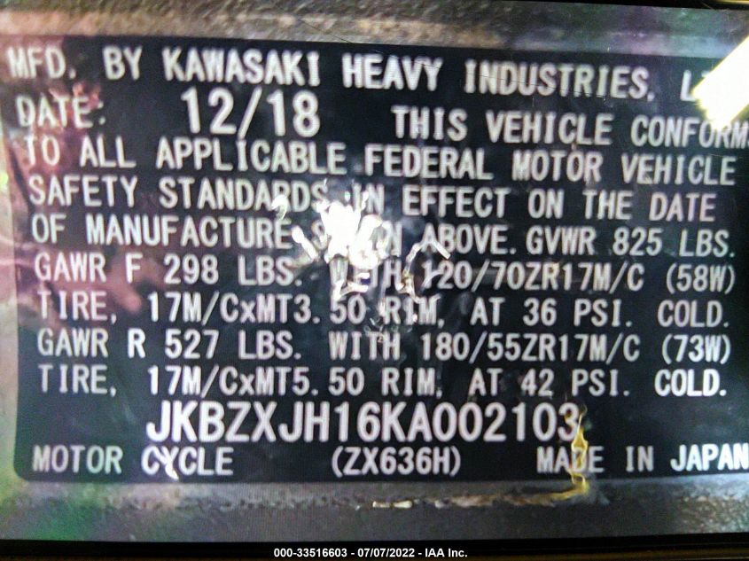 2019 KAWASAKI ZX636 K JKBZXJH16KA002103
