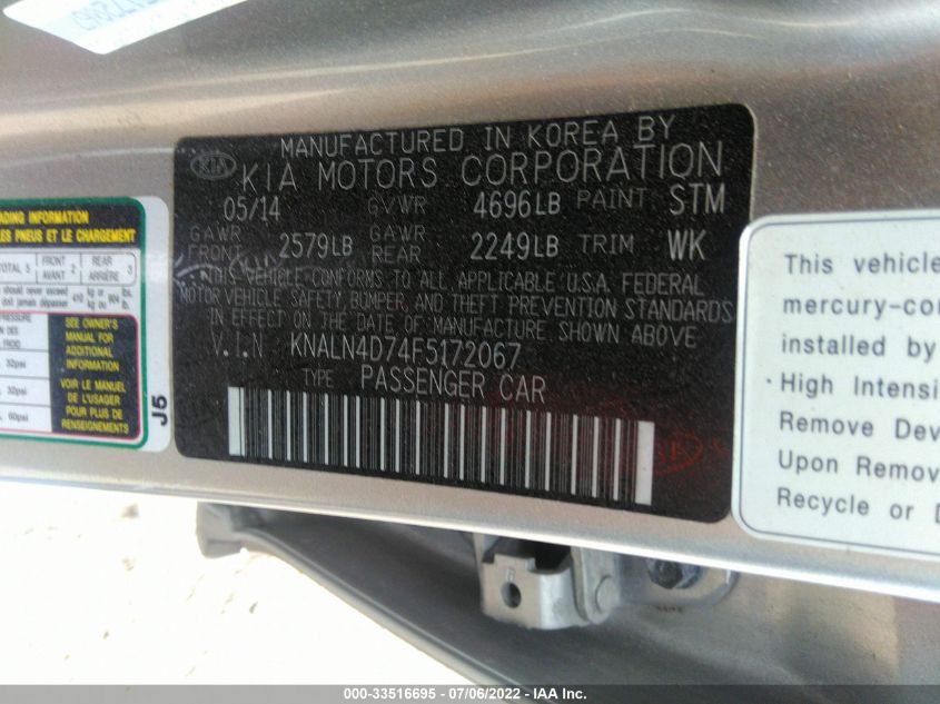 2015 KIA CADENZA PREMIUM KNALN4D74F5172067