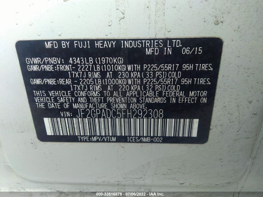 2015 SUBARU XV CROSSTREK PREMIUM JF2GPADC5FH292308