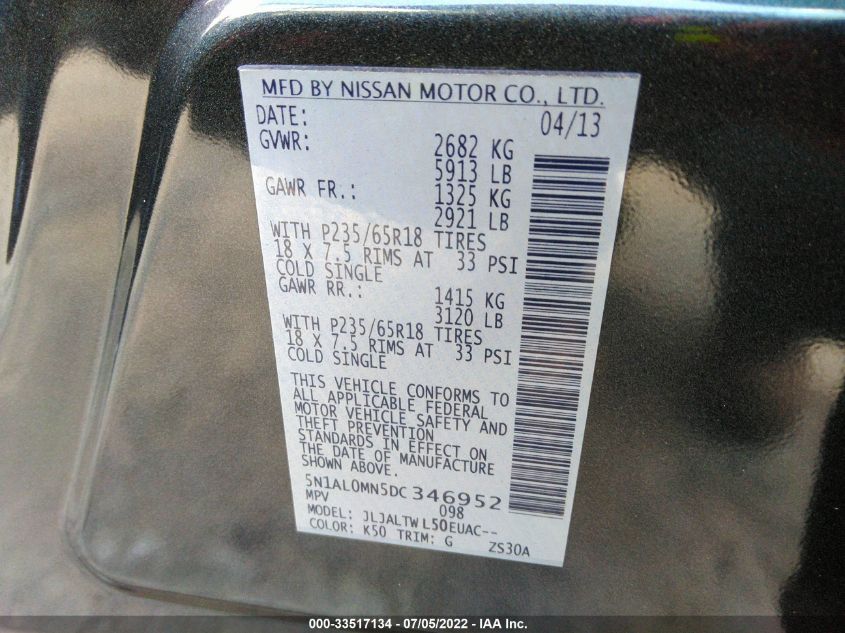 2013 INFINITI JX 5N1AL0MN5DC346952