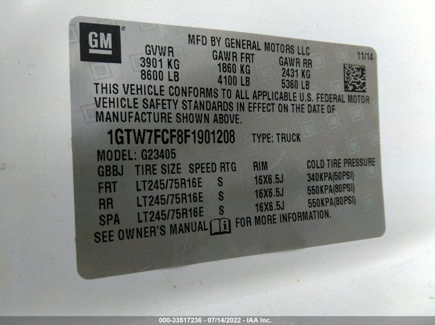 2015 GMC SAVANA CARGO VAN 1GTW7FCF8F1901208