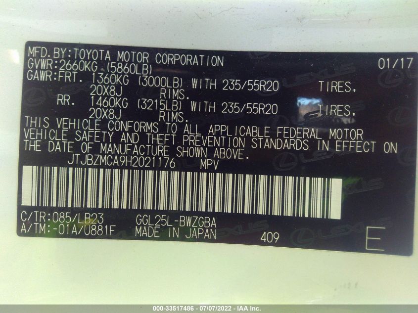 2017 LEXUS RX RX 350 JTJBZMCA9H2021176