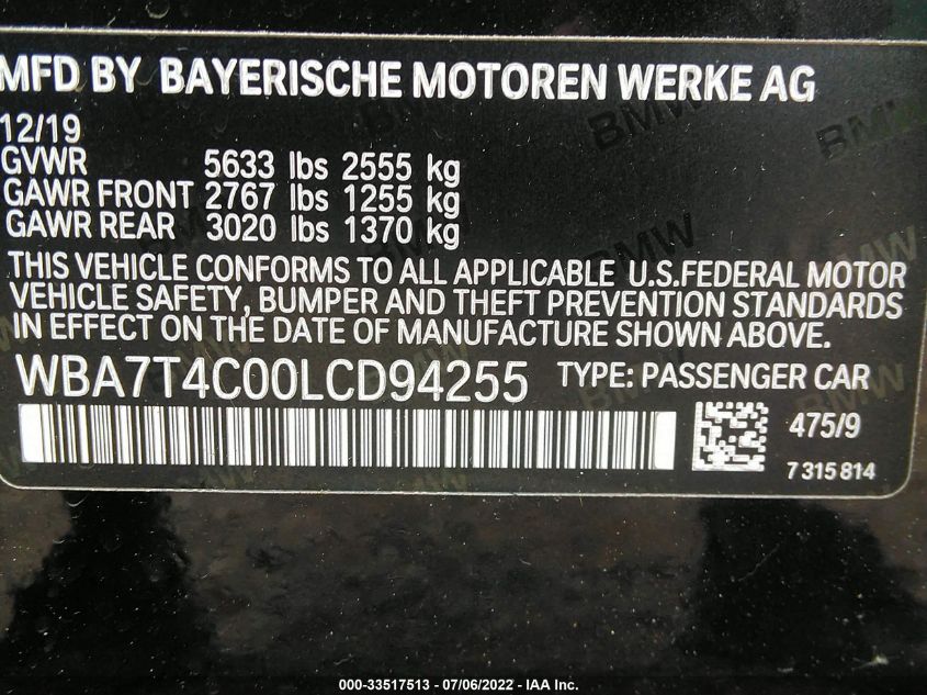 2020 BMW 7 SERIES 740I XDRIVE WBA7T4C00LCD94255