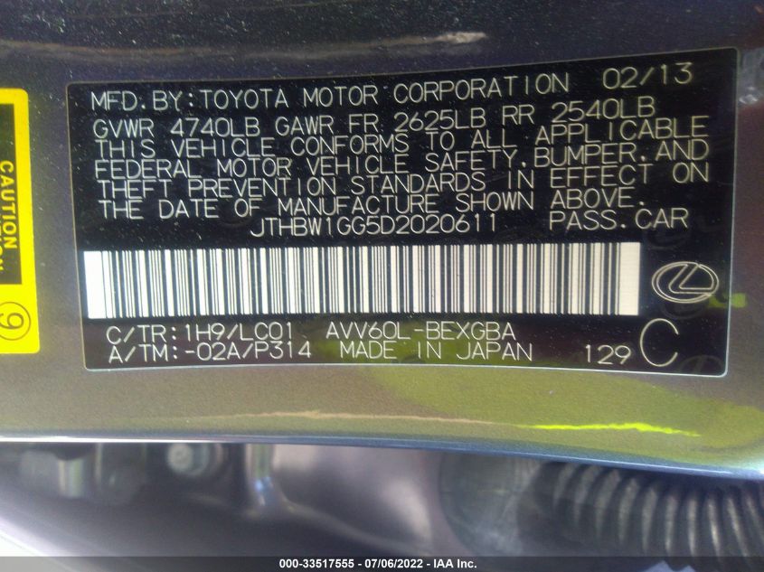2013 LEXUS ES 300H HYBRID JTHBW1GG5D2020611