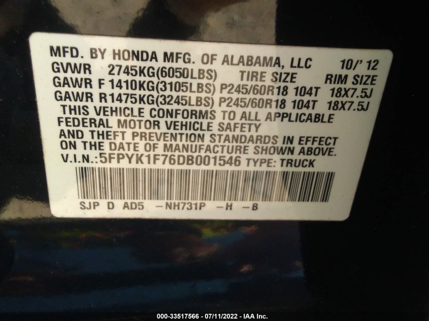 2013 HONDA RIDGELINE SPORT 5FPYK1F76DB001546