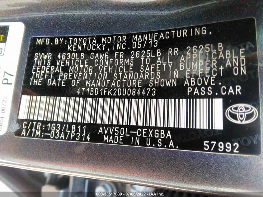 2013 TOYOTA CAMRY HYBRID HYBRID/LE/XLE 4T1BD1FK2DU084473
