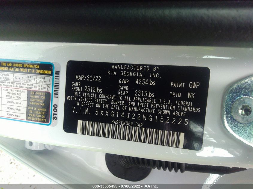 2022 KIA K5 LXS 5XXG14J22NG152225
