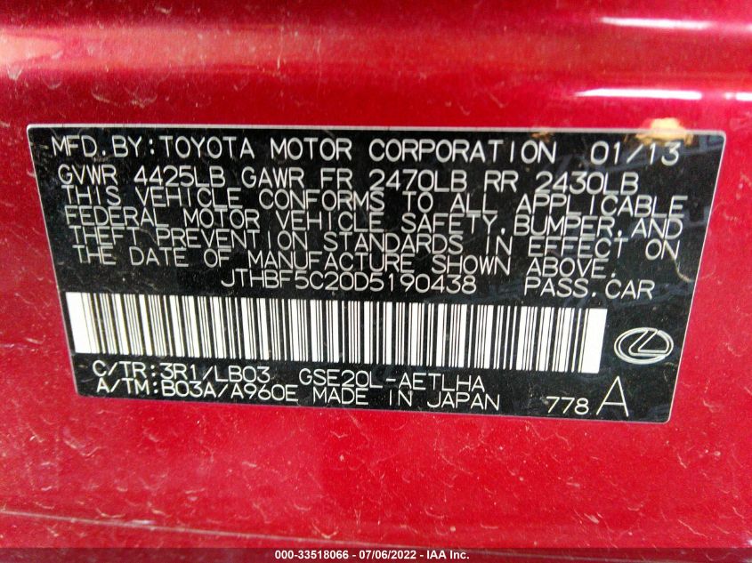 2013 LEXUS IS 250 JTHBF5C20D5190438
