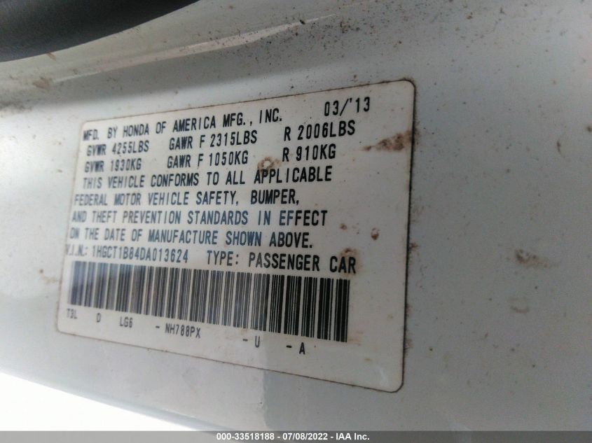 2013 HONDA ACCORD CPE EX-L 1HGCT1B84DA013624