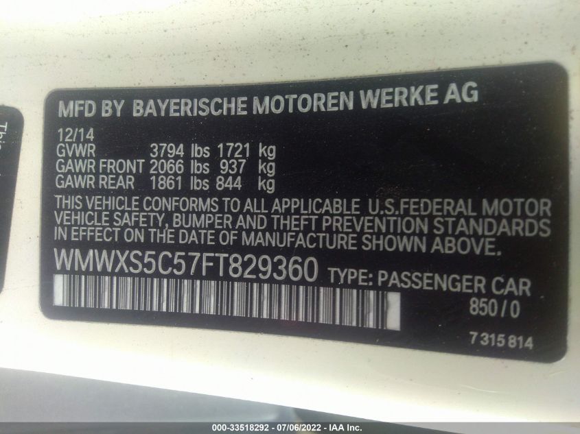 2015 MINI COOPER HARDTOP 4 DOOR WMWXS5C57FT829360