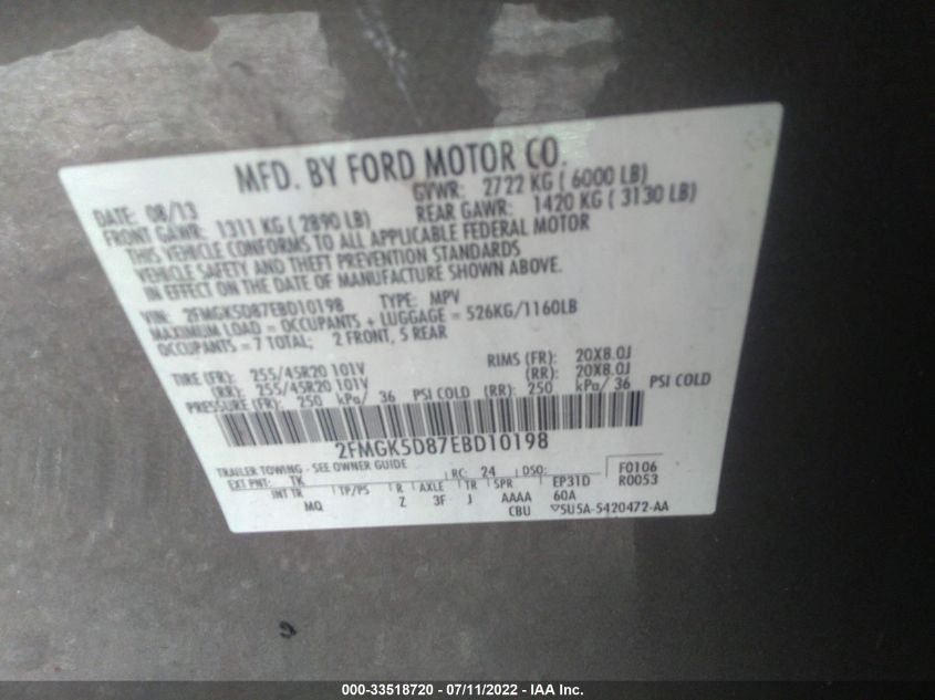 2014 FORD FLEX LIMITED 2FMGK5D87EBD10198