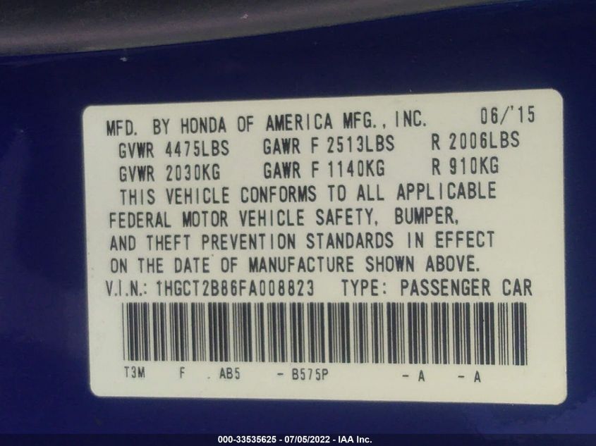 2015 HONDA ACCORD COUPE EX-L 1HGCT2B86FA008823