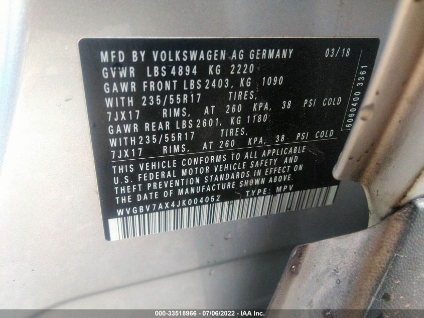 2018 VOLKSWAGEN TIGUAN LIMITED WVGBV7AX4JK004052