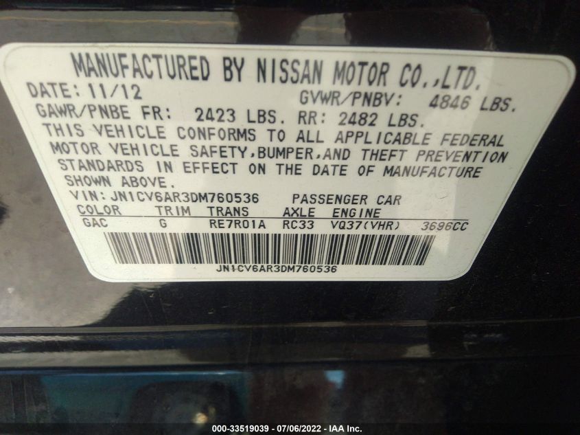 2013 INFINITI G37 SEDAN X JN1CV6AR3DM760536