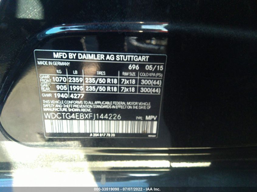 2015 MERCEDES-BENZ GLA-CLASS GLA 250 WDCTG4EBXFJ144226