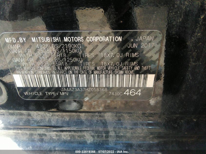 2017 MITSUBISHI OUTLANDER SE JA4AZ3A37HZ058368