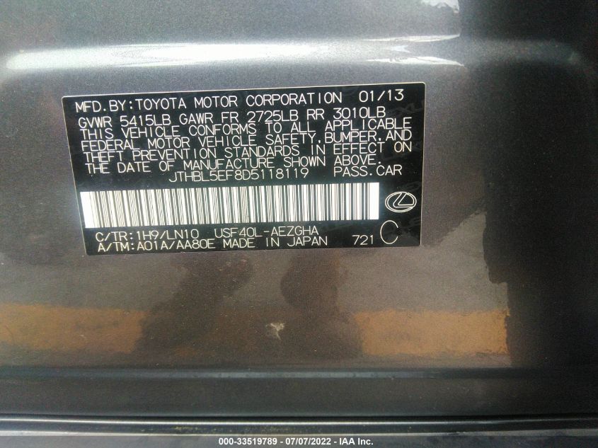 2013 LEXUS LS 460 JTHBL5EF8D5118119