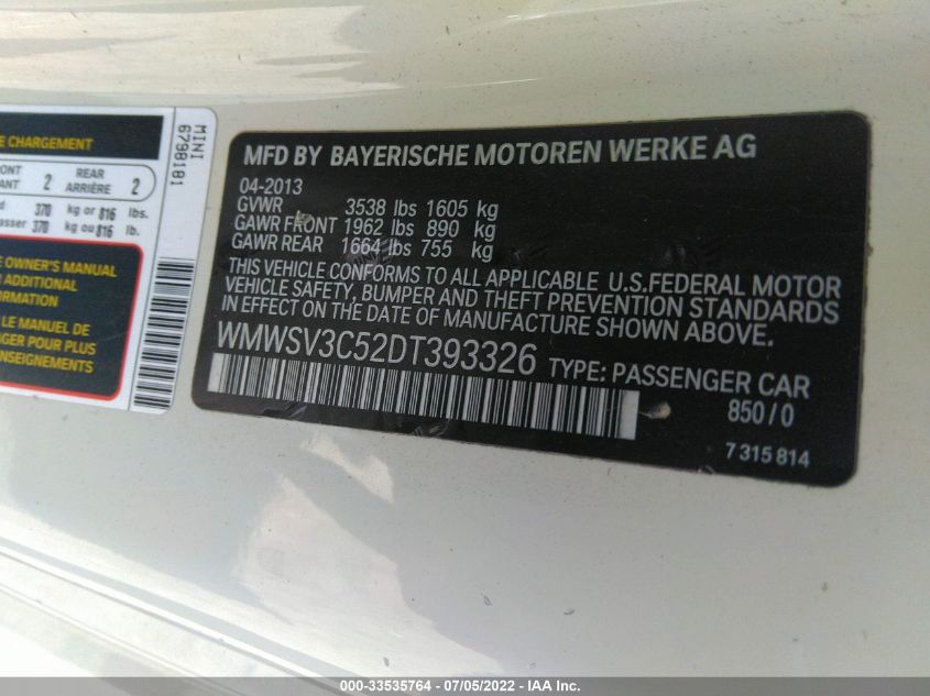 2013 MINI COOPER HARDTOP S WMWSV3C52DT393326