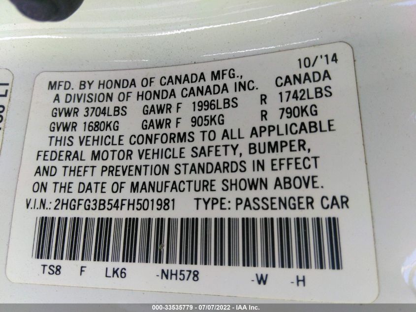 2015 HONDA CIVIC COUPE LX 2HGFG3B54FH501981