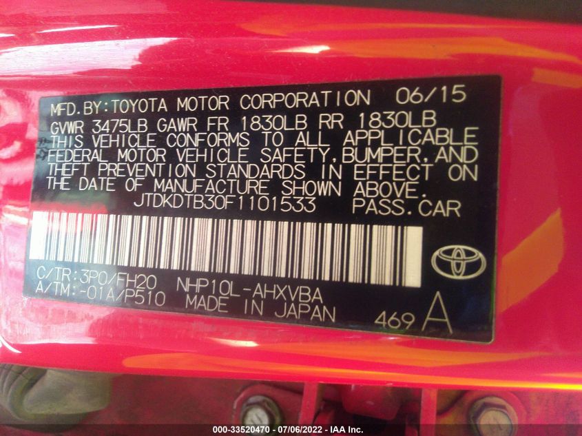 2015 TOYOTA PRIUS C ONE/TWO/THREE/FOUR JTDKDTB30F1101533