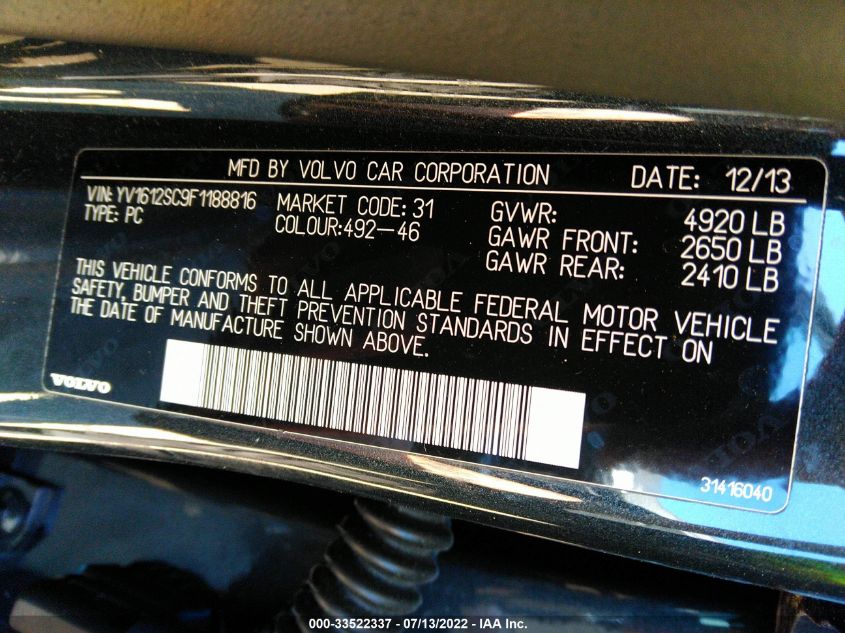 2015 VOLVO V60 T5 PREMIER PLUS YV1612SC9F1188816