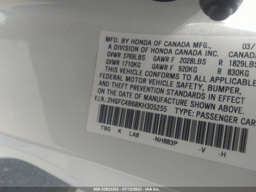 2019 HONDA CIVIC COUPE LX 2HGFC4B68KH305255