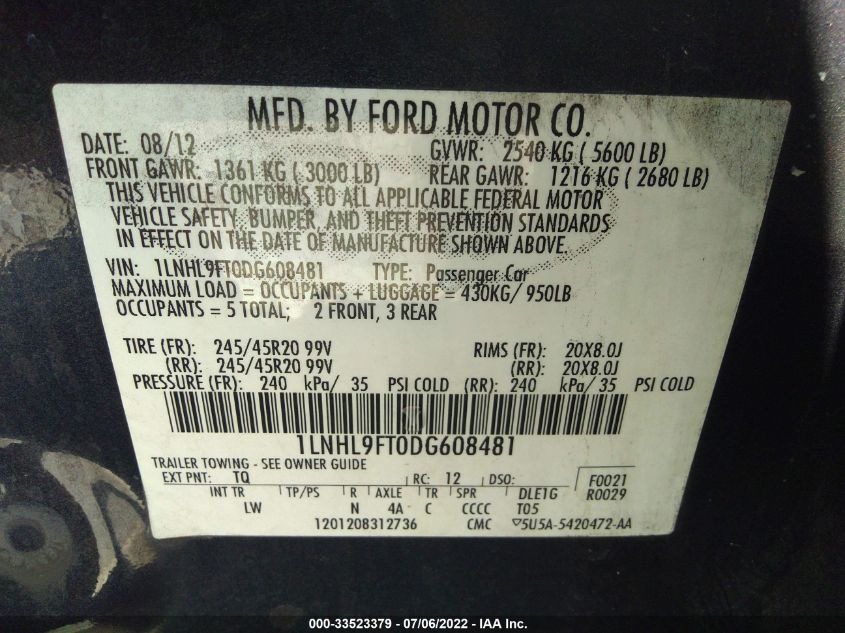 2013 LINCOLN MKS ECOBOOST 1LNHL9FT0DG608481