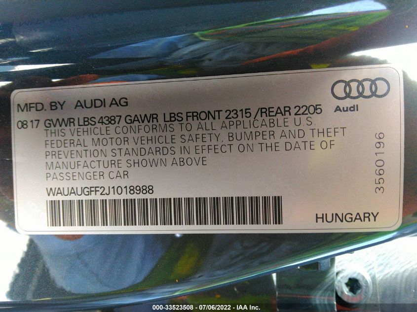 2018 AUDI A3 SEDAN PREMIUM/TECH PREMIUM WAUAUGFF2J1018988