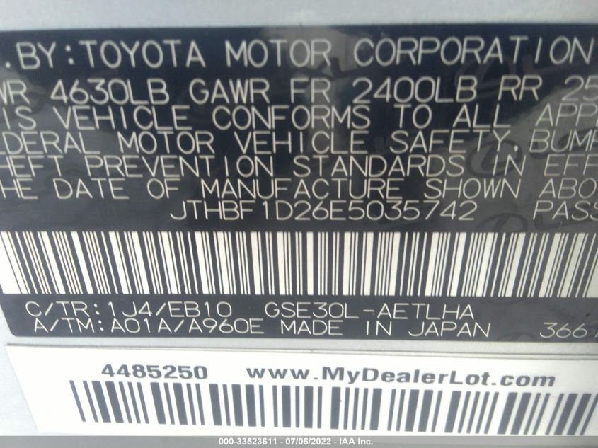 2014 LEXUS IS 250 250 JTHBF1D26E5035742