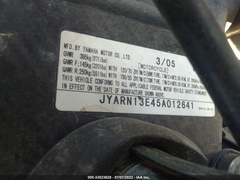 2005 YAMAHA YZFR1 JYARN13E45A012641