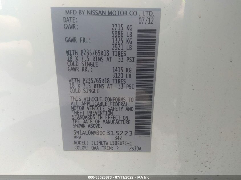 2013 INFINITI JX 5N1AL0MM3DC315223