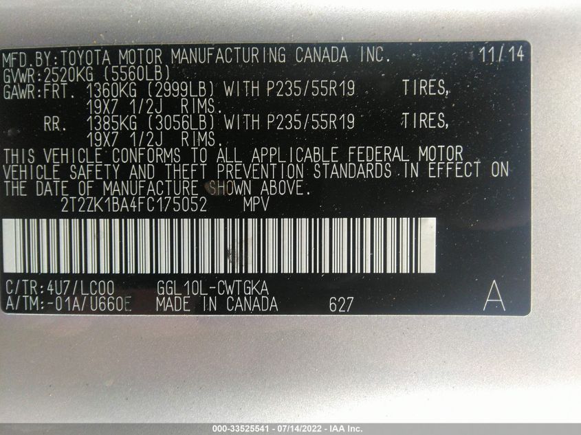 2015 LEXUS RX 350 350 2T2ZK1BA4FC175052