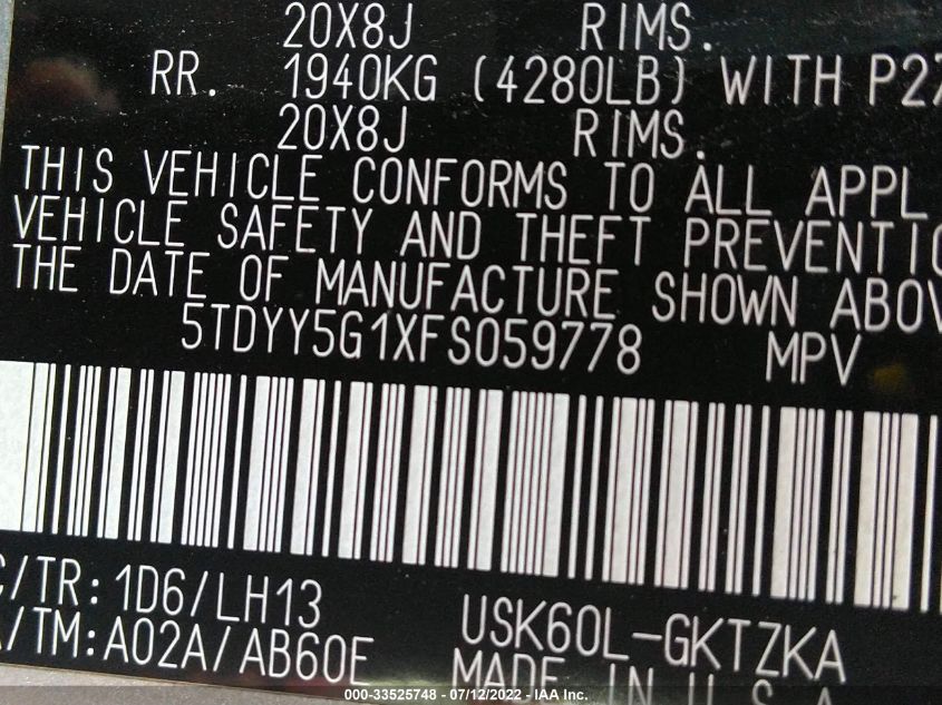 2015 TOYOTA SEQUOIA PLATINUM 5TDYY5G1XFS059778