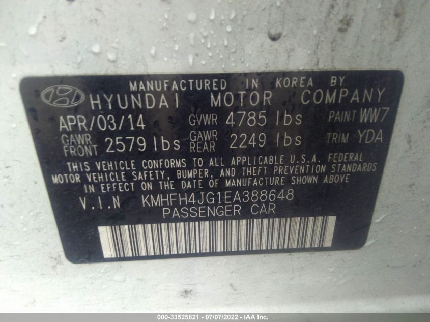 2014 HYUNDAI AZERA LIMITED KMHFH4JG1EA388648