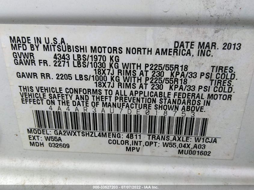 2013 MITSUBISHI OUTLANDER SPORT ES 4A4AR3AU7DE018753