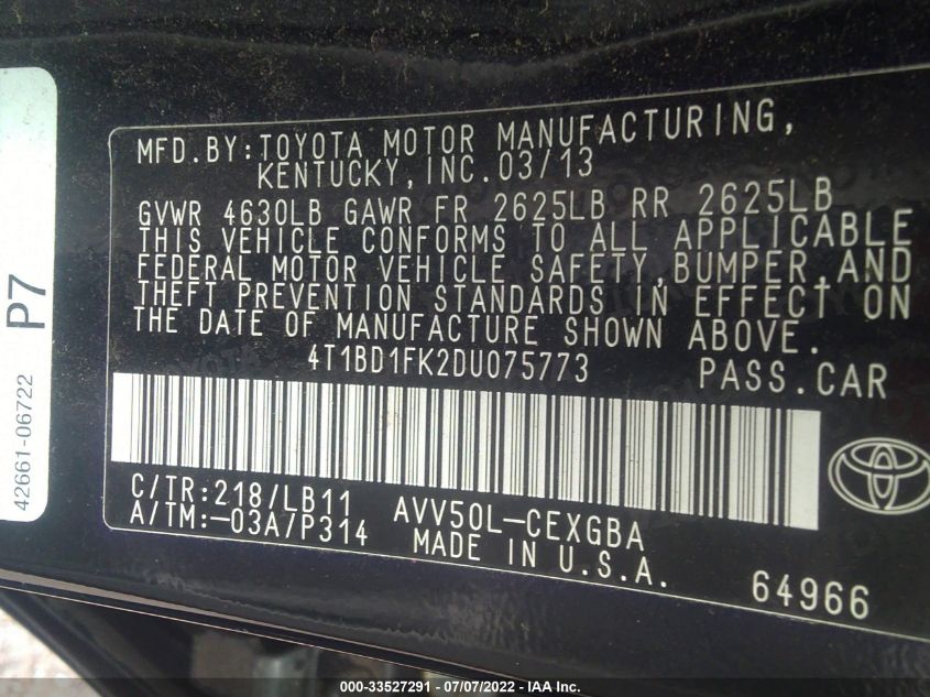 2013 TOYOTA CAMRY HYBRID LE/XLE 4T1BD1FK2DU075773