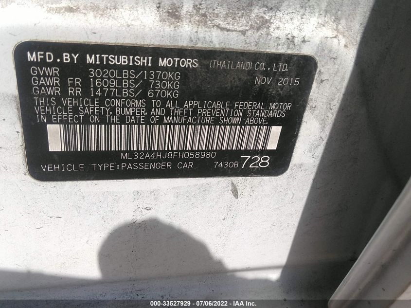 2015 MITSUBISHI MIRAGE ES/RF ML32A4HJ8FH058980