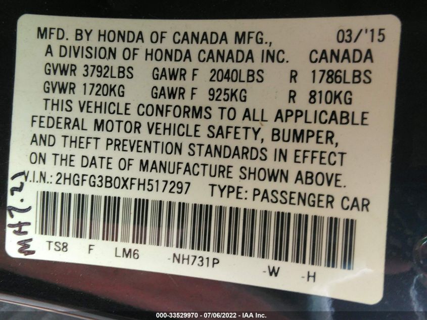 2015 HONDA CIVIC COUPE EX-L 2HGFG3B0XFH517297