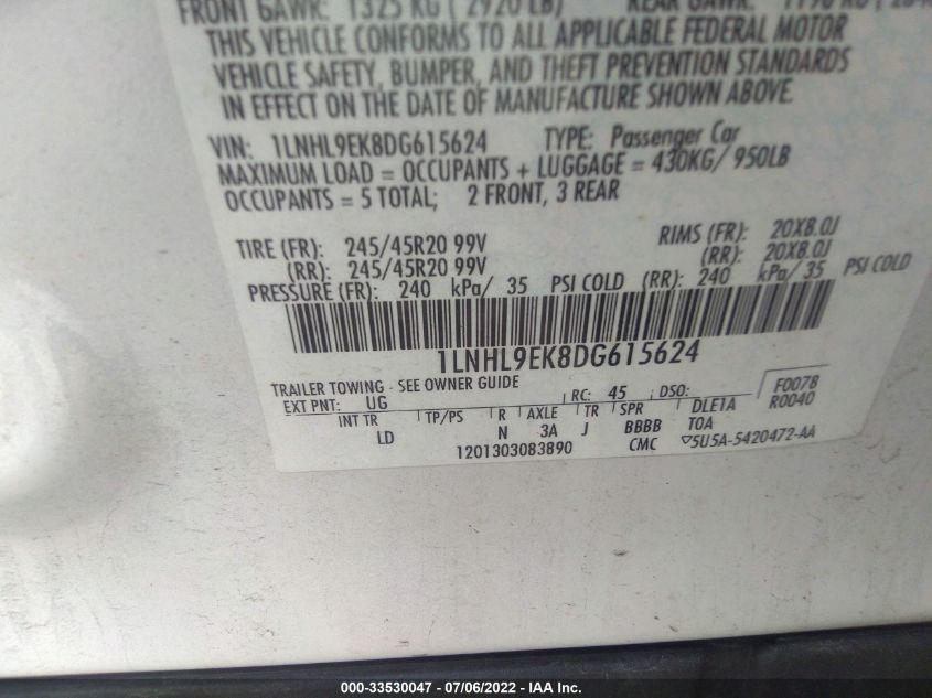 2013 LINCOLN MKS 1LNHL9EK8DG615624