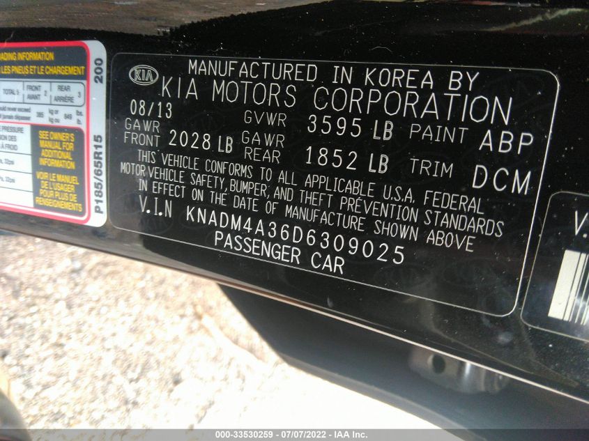 2013 KIA RIO LX KNADM4A36D6309025