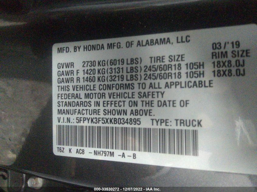 2019 HONDA RIDGELINE RTL 5FPYK3F5XKB034895
