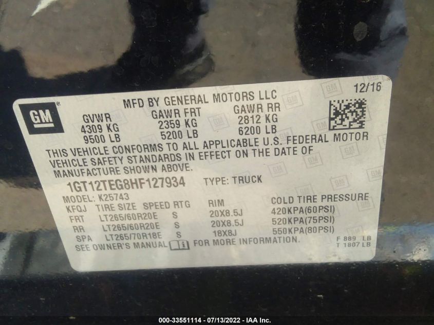 2017 GMC SIERRA 2500HD SLT 1GT12TEG8HF127934