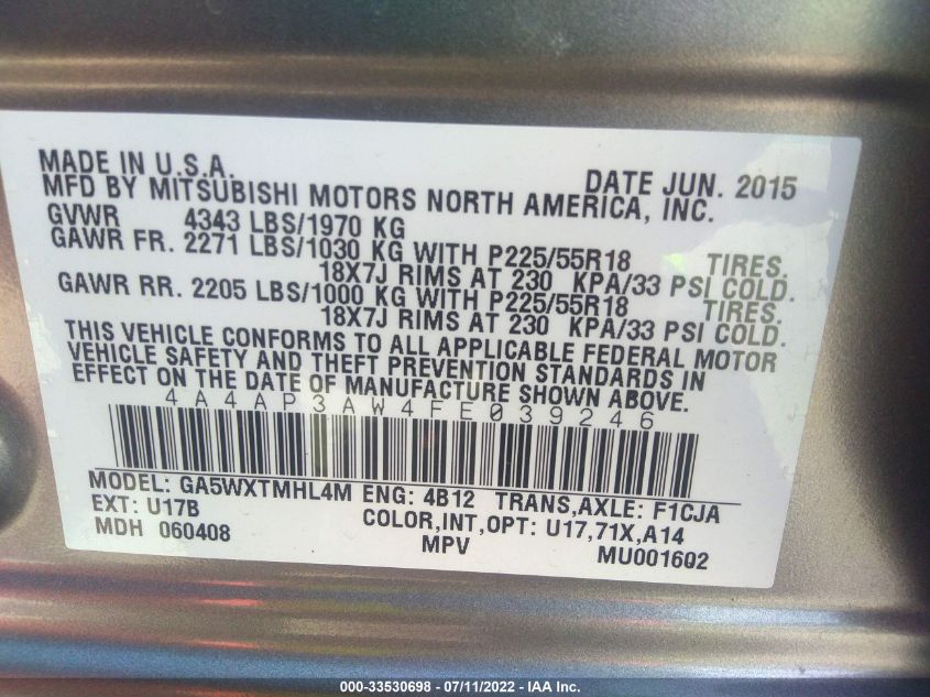 2015 MITSUBISHI OUTLANDER SPORT 2.4 ES 4A4AP3AW4FE039246