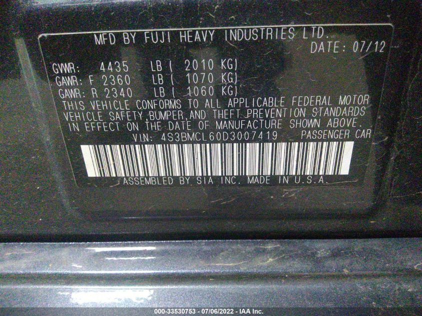 2013 SUBARU LEGACY 2.5I LIMITED 4S3BMCL60D3007419