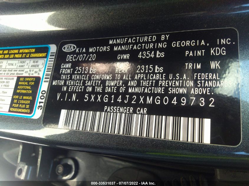 2021 KIA K5 LXS 5XXG14J2XMG049732