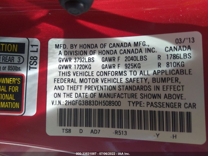 2013 HONDA CIVIC CPE EX 2HGFG3B83DH508900